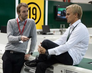 Interviewing Formula One driver Heikki Kovalainen.