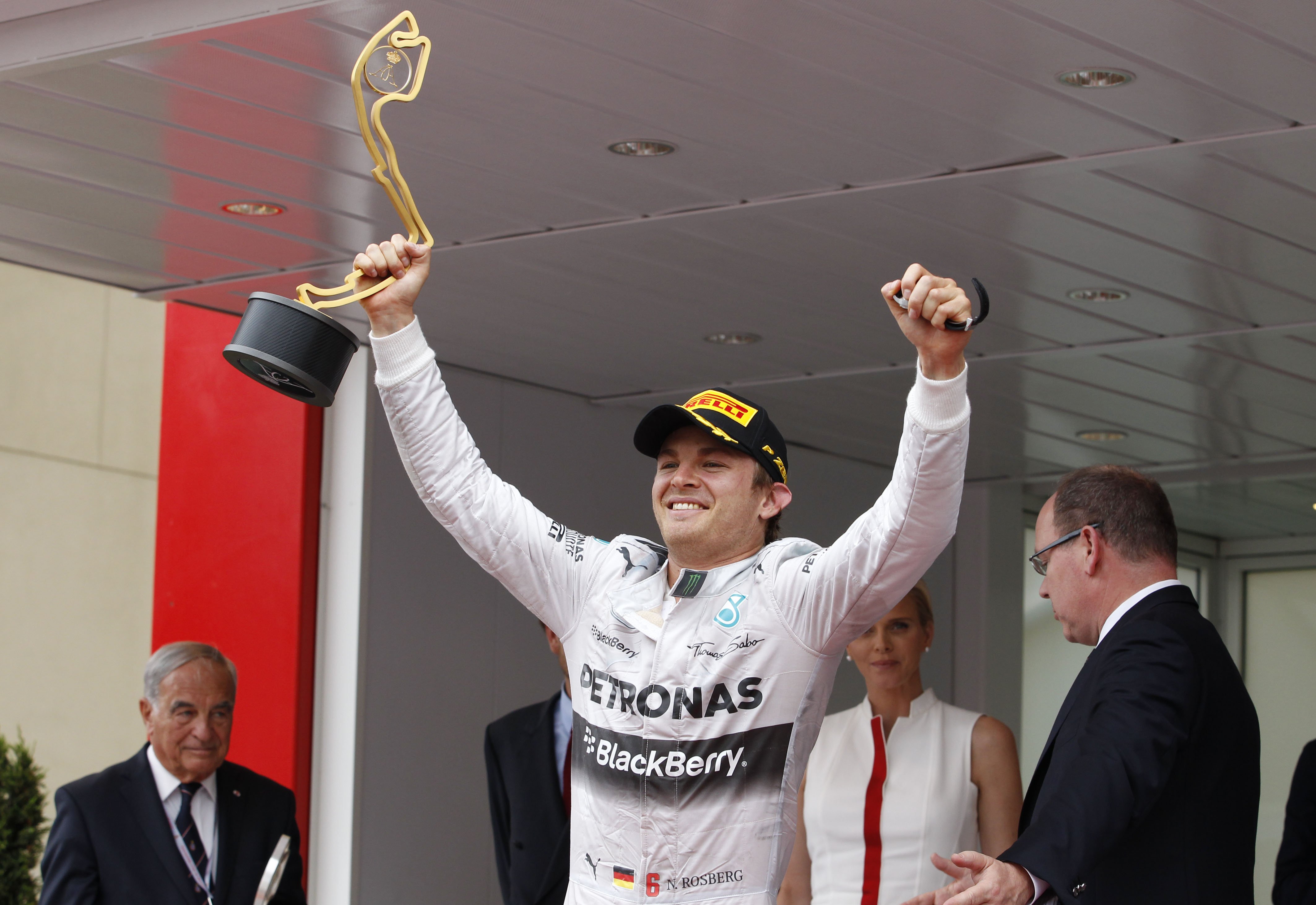 Nico Rosberg celebrates winning the 2014 Monaco Formula One Grand Prix for Mercedes.